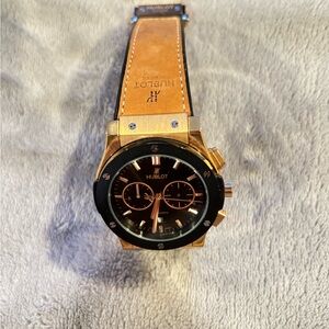 NEW: Beautiful Black & Gold Iconic Watch with Hublot-like Chronograph